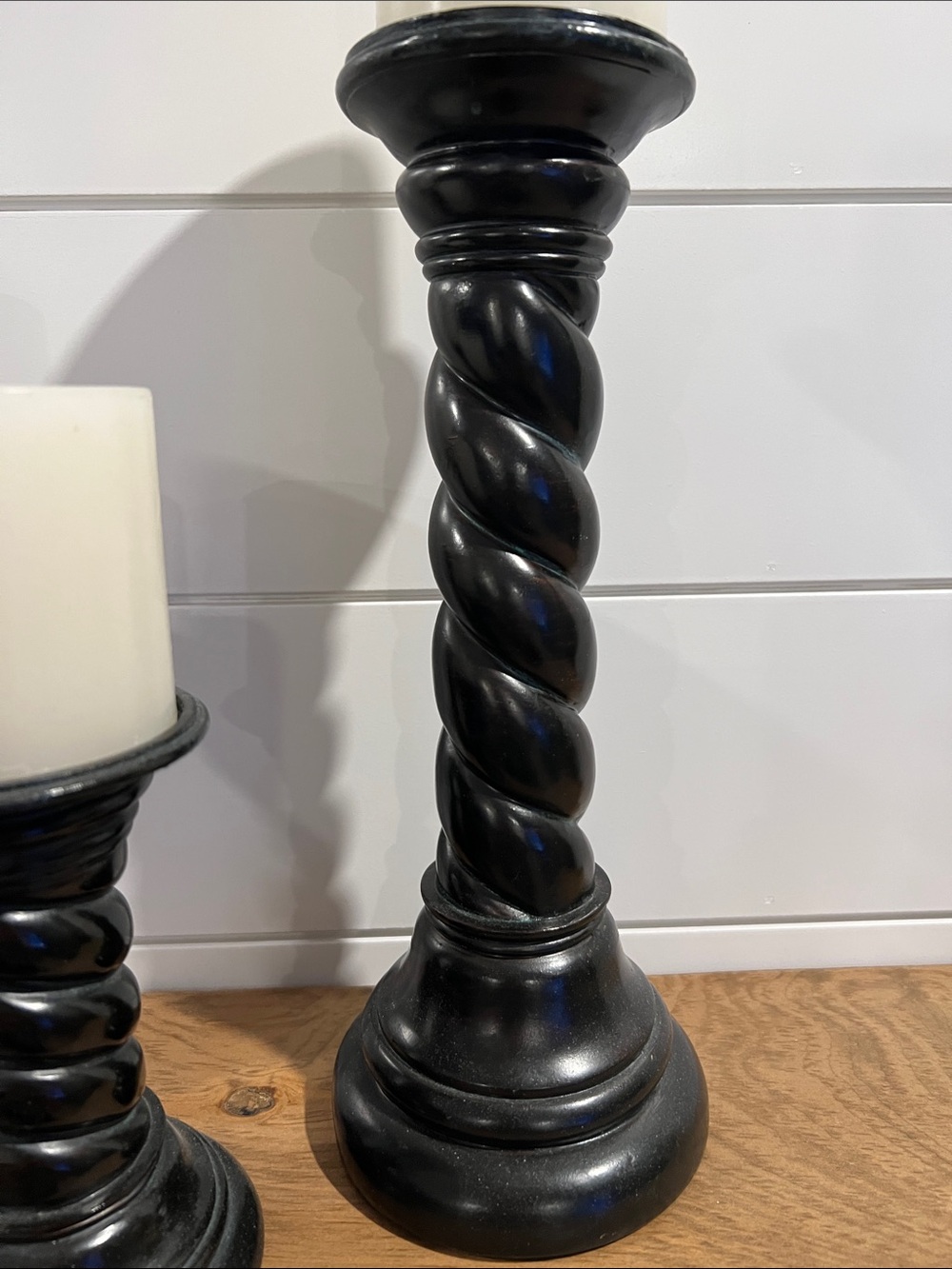 Vintage Classic Black Twisted Wood Candlestick Set with White Pillar Candles - Picture 2 of 15